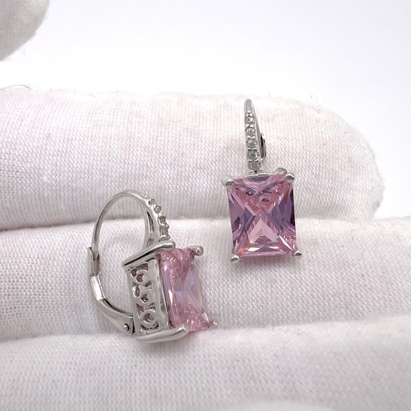 .925 Sterling Silver 9mmx7mm Rectangle Pink Cz Lever Back Earrings - Picture 2 of 13